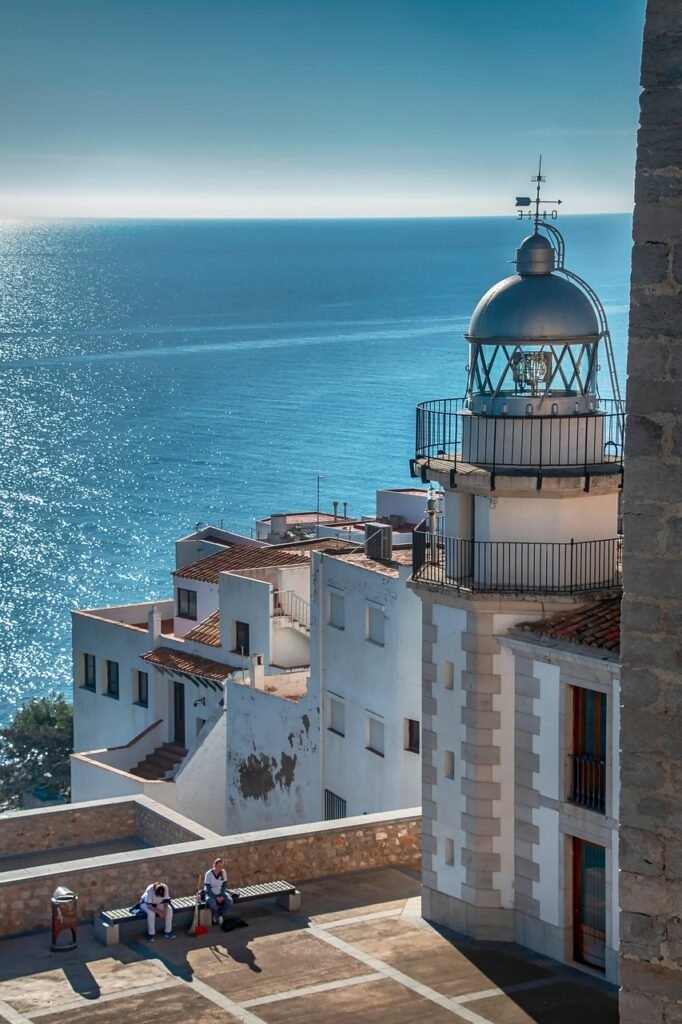 sea, lighthouse, people, peniscola, lighting, nature, sun, holiday, coast, landscape