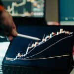 Close-up of a digital tablet showing a financial growth chart with graphs and trends under analysis.