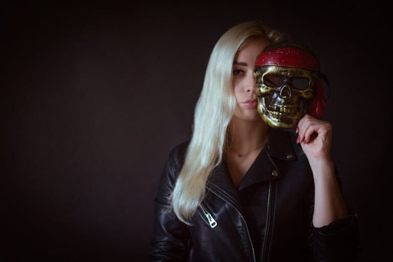 A woman in a leather jacket holds a skull mask, creating an eerie yet intriguing image.